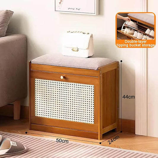 Entryway Storage Bench with Cushioned Seat Shoe Rack, 2-Tier Wooden Shoe Organizer Cabinet for Closet, Entryway, Hallway, Bedroom