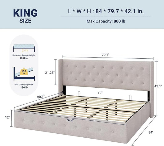 Allewie King Size Lift Up Storage Bed, Button Tufted Headboard with Wingback, Hydraulic Support, No Box Spring Needed, Light Beige