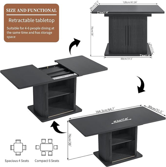 Extendable Black Dining Table for 4-6, 47-65 Inch Rectangle Dining Room Kitchen Table with Large Storage, Wood Sliding Door, Mid Century Modern Dinner Furniture, Fluted, Space Saving, Living Room