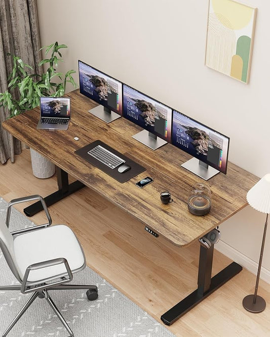 63" Electric Standing Desk Adjustable Height, Sit Stand up Desk for Home Office & Computer Workstation, 2 Memory Height Settings, Splice Board, 2 Hooks, Black Frame/Rustic Brown Top