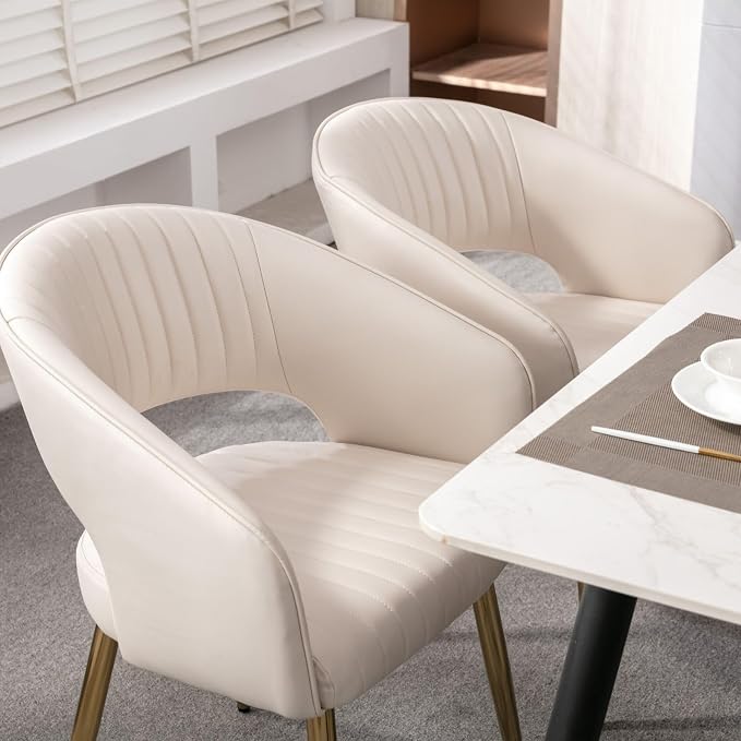 Hyfirm Leather Dining Chairs Set of 6, Modern Cream Gold Kitchen Chairs with Hollow Back, Upholstered Accent Side Chairs for Living Room/Reception/Restaurant