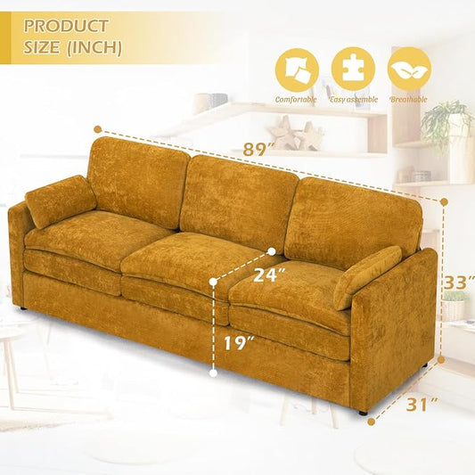 3 Pieces Chenille Sofa Set w/Arm Pillows, Upholstered Loveseat & 2 Pieces 3 Seater Sofa w/Comfortable Back Cushions, Modern 2-Seat & 3-Seat w/High-Density Foam for Living Room, Yellow