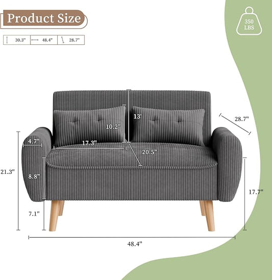 Vongrasig 48" Small Modern Loveseat Sofa, Mid Century Soft Corduroy Fabric 2-Seat Sofa Couch Tufted Love Seat with Back Cushions and Tapered Legs for Living Room, Bedroom and Small Space (Dark Gray)