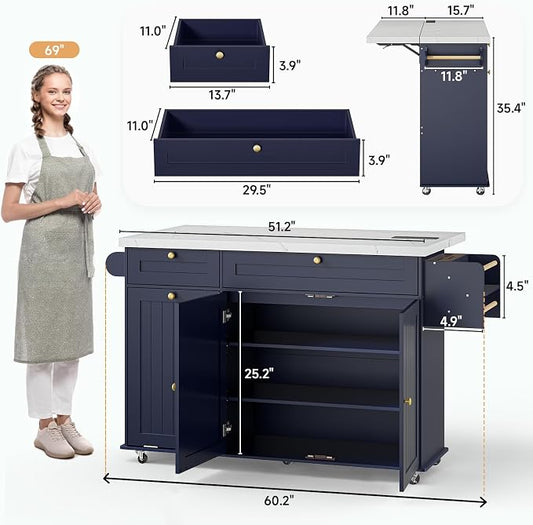 ONBRILL 60" Kitchen Island with Power Outlet & Drop Leaf, Rolling Island with Spice Rack & Towel Rack, Kitchen Island Cart with Trash Storage Cabinet, Island Table for Kitchen, Blue+Imitation Marble