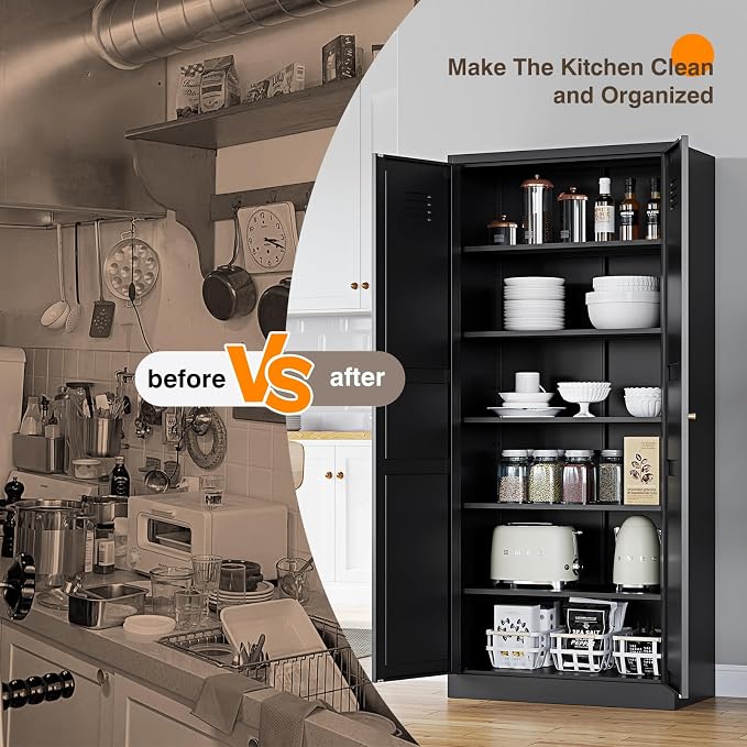 Yizosh Metal Storage Cabinet with 2 Doors and 5 Adjustable Shelves - 71" Black Kitchen Pantry Storage Cabinet, 5-Tier Tall Steel Cabinet Locker for Kitchen, Living Room, Dining Room