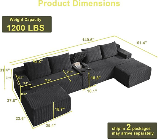 ivoros 140 Inch Modular Sectional Sofa Couch, Oversized Modern Cloud Couch for Living Room, U Shape Couches with 2 Ottomans and Cup Holders, Dark Grey Corduroy Boneless Sofas, Sofa in a Box