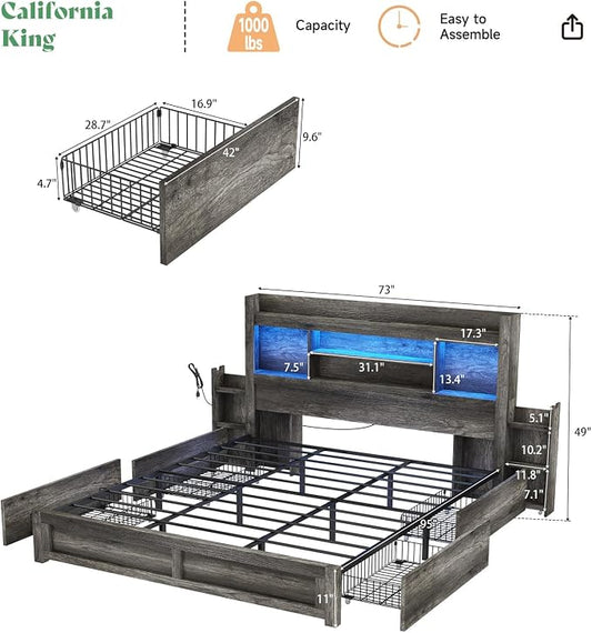 AMERLIFE California King Size Bed Frame with 4 Storage Drawers, LED Bed Frame with 49.6" Tall Bookcase Headboard, Wood Platform Bed with Charging Station & 2 Slide Bedside Shelf, Rustic Grey