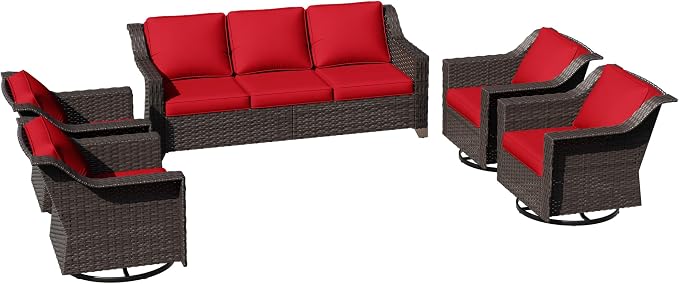 5 Pieces Patio Conversation Furniture Set - 1 Sofa, 4 Swivel Chairs, Outdoor Wicker Furniture with Removable Cushions for Porch, Balcony, Sunroom (Red)