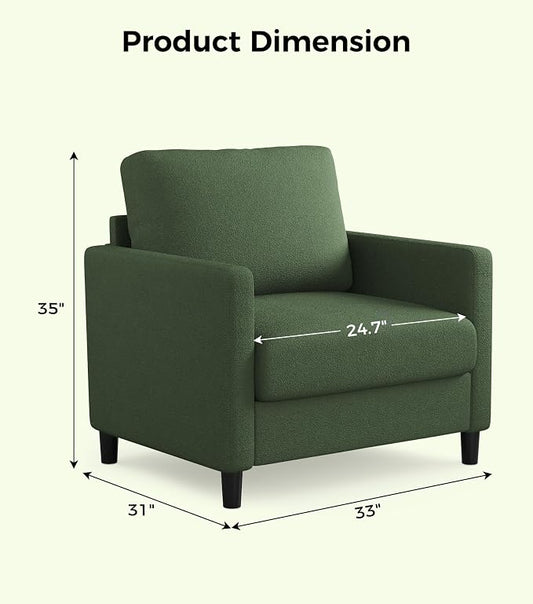 Welzona Sofa Reading Chair,33" Accent Chair for Bedroom, Tool-Free Setup Living Room Accent Chairs, Comfy Arm Chairs Living Room, All-Wood Reading Nook, Green