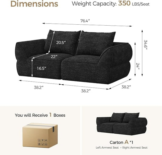 76.4" Cloud Loveseat Sofa, Deep Seat Couch with Pillows, Modern Comfortable Upholstery Boneless Sofa, 1 piece for Living Room, Bedroom, Apartment, Removable Cover,No Assembly Required, Graphite Black