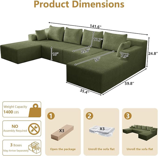 142" Oversized Cloud Modular Sectional Sofa Boneless Couches with Double Chaise Lounge and Deep Seat, Fluffy Corduroy Upholstered Compressed Lounge Sofa & Couches for Living Room