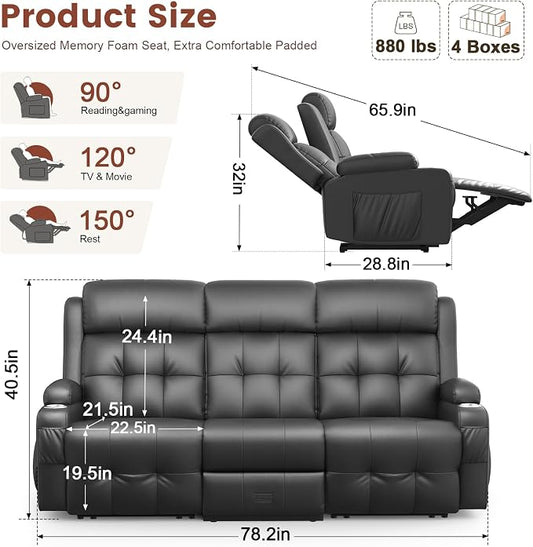 Loveseat Recliner, 3 Seater Massage Reclining Sofa Sets Heavy Weight Capacity, RV Loveseat Couch Clearance with Drop Down Table, Storage, Cup Holders, Wall Hugger Reclining Couch for Living Room