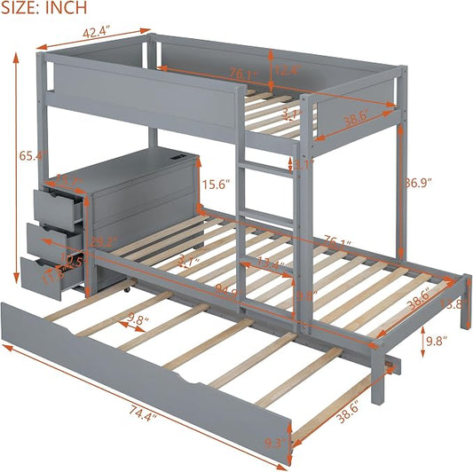 Ball & Cast Twin-Over-Twin Bunk Bed with Twin Size Trundle,Solid Wood Bedframe W/Desk & Drawers,USB,Space Saving,Easy Assembly,Multifunctional Bedroom Furniture Set for Boys Girls Teens,Gray