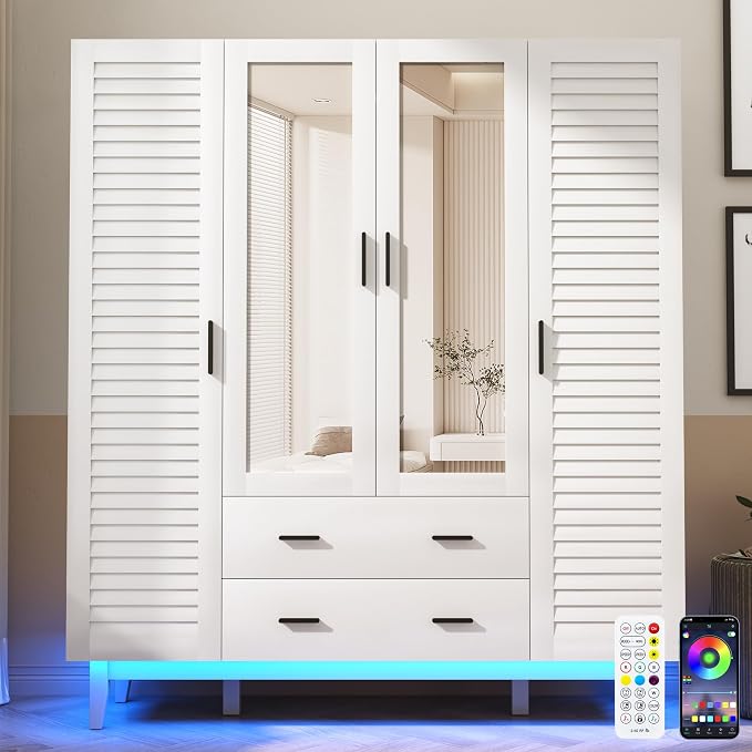 Hlivelood 4 Door Armoire Wardrobe Closet Cabinet with Drawers and LED Lights, Multi-Tier Shelves, Hanging Rod & 4 Louver Doors, Large Capacity Storage Wardrobe Armoire for Bedroom, White