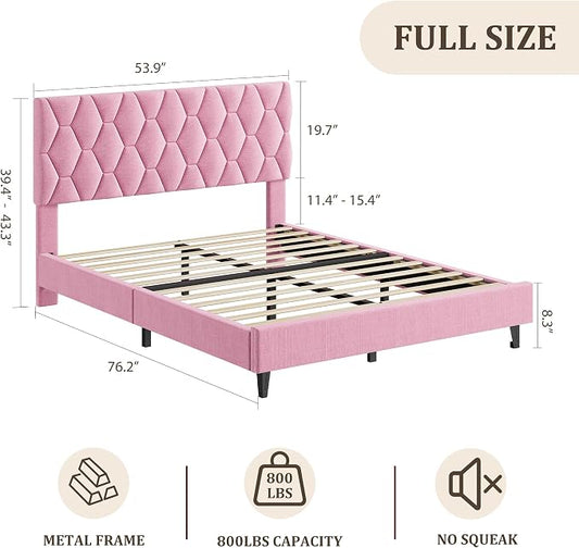 GAOMON Pink Full Bed Frame with Upholstered Headboard, Heavy-Duty Platform Bed Frame with Strong Wood Slats, No Box Spring Needed/Noise Free/Easy Assembly