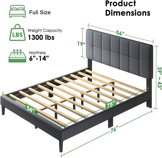 Marsail Full Size Bed Frame with Headboard, Sturdy and Durable with 12 Support Legs, 1300 lbs Capacity, Solid Wooden Upholstered Adjustable Headboard for 6"-12" Mattresses, Easy Assembly,Dark Gray