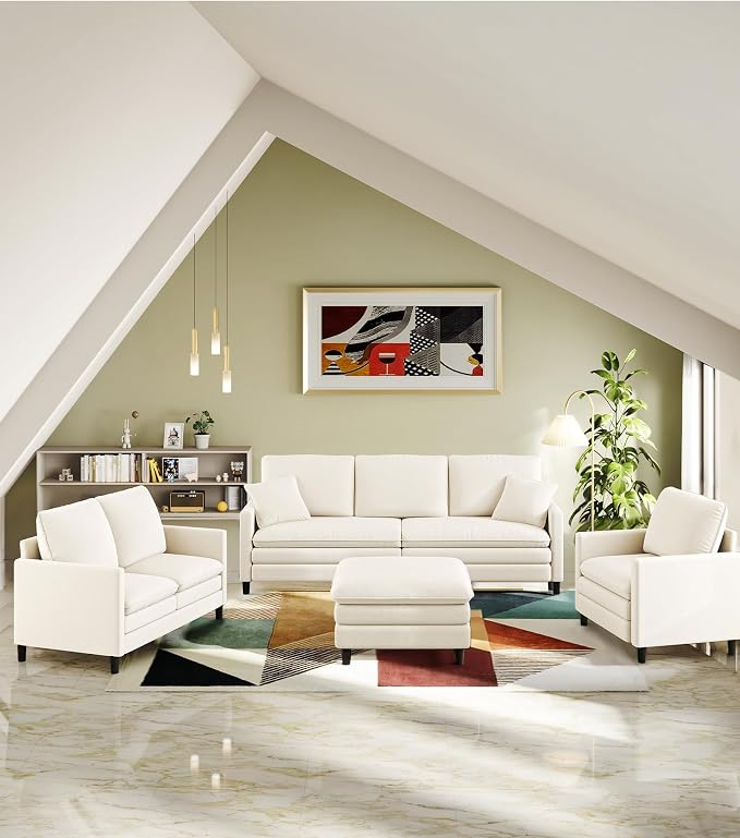 Welzona 3-Layers Cloud Loveseat Sofa, 51" Small Couch for Living Room, Bedroom - Tool-Free Assembly with Teddy Fabric Small Sofa - Beige - Futon Couch - Removable Washable Covers - 650lbs Capacity