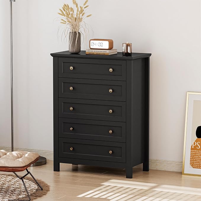 Farmhouse Dresser Nightstand Sets, 2-Piece Bedroom Furniture Set for Home | 5 Drawer Dresser Closet & 3 Drawer Nightstand, Chest of Drawers for Bedroom, Living Room, Entryway, Black