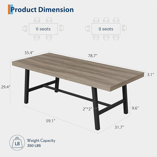 GarveeHome Industrial Dining Table for 6-8 People, 78.7" Long Kitchen Table with Sturdy Metal Frame, Rectangular Counter for Dinner, Kitchen, Dining Room (Grey Walnut, 79" Non-extendable)