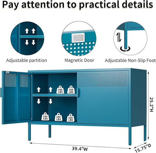 Blue Metal Storage Cabinet with 2 Doors - 25''H TV Stand, 2 Tier Locker with Adjustable Shelves,Multipurpose TV Cabinet for Office, Home, Living Room, Kitchen