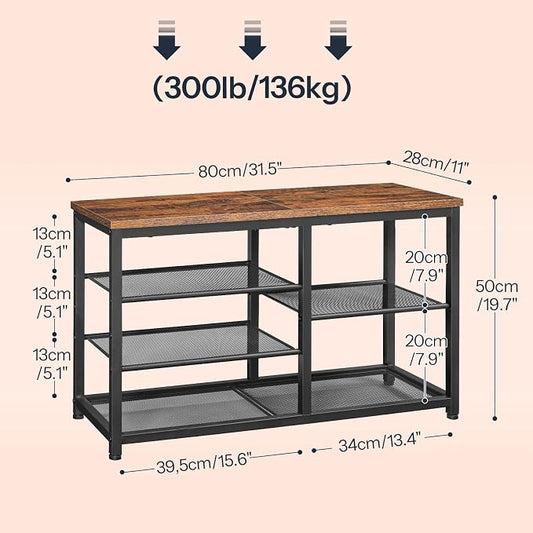 HOOBRO Shoe Bench, 5-Tier Shoe Rack Bench with Mesh Shelves, Shoe Organizer, Industrial Shoe Storage Bench for Entryway, Easy Assembly, 11 x 31.5 x 19.7 Inches, Rustic Brown and Black BF36HX01