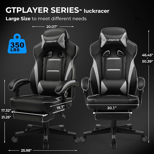 GTPLAYER Gaming Chair with Footrest, Big and Tall Game Chair 350lb Racing Style Computer Chair, Ergonomic Executive Office Chair High Back with Lumbar Support and Recliner, Light Gray