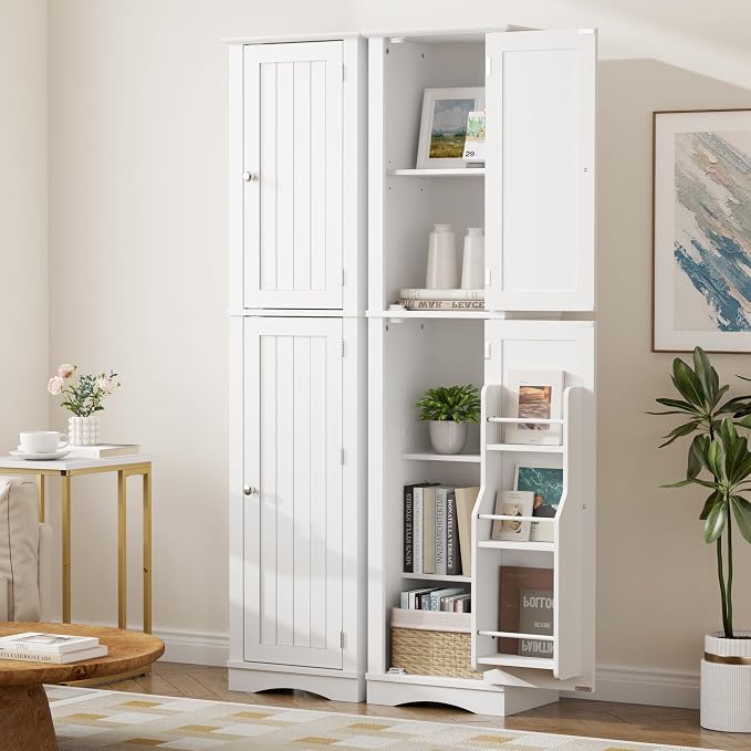Function Home Tall Bathroom Storage Cabinet, 64" Slim Kitchen Pantry with Door Storage, Narrow Wood Freestanding Cabinets with Adjustable Shelves for Kitchen Living Room Dining Room, White