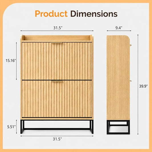 VINGLI Fluted Shoe Cabinet Storage for Entryway,Hidden Shoes Storage Cabinet with 2 Flip Drawers, Mid Century Modern Shoe Rack Organizer,Free Standing Shoes Organizer for Hallway(Natural Oak)
