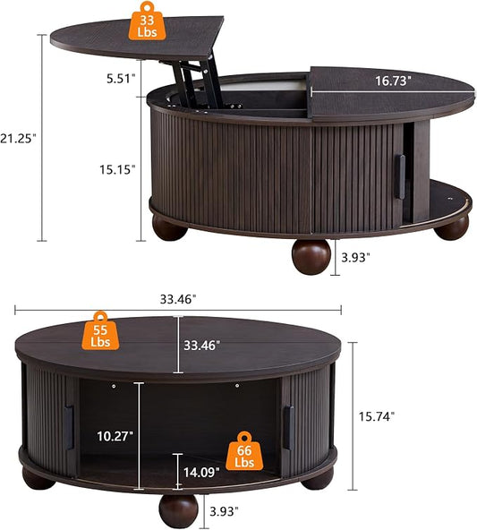 Round Lift Top Coffee Table with Hidden Storage, 33.5'' Mid-Century Fluted Coffee Table with Sliding Tambour Door Solid Wood Legs, Circle Center Table for Living Room, Small Space (Smoked Dark Brown)