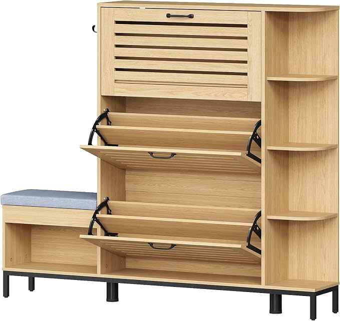 Maupvit Narrow Shoe Cabinet with Bench for Entryway, 3 Flip Louvered Doors & Side Storage Cabinet, 44" H Shoes Organizer with Upholstered Seat & Hooks for Front Door Entrance, Natural Oak
