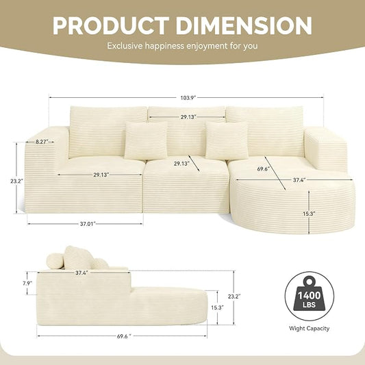 Boneless Couches for Living Room,Cloud Sectional Couch with L-Shape Chaise,Modern Modular Sofa with Deep Seat Upholstered Comfy Couches for Bedroom,No Assembly Required,1PCS