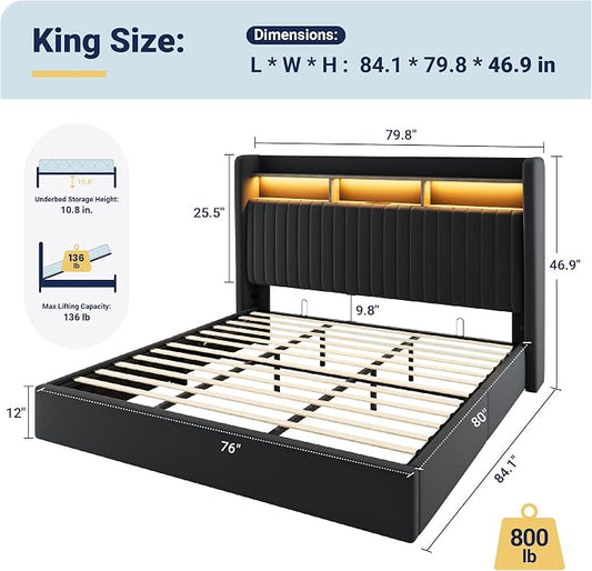 Allewie King Size Lift Up Hydraulic Storage Bed Frame, 2-Tier Shelf Headboard with LED Lights and Charging Station, USB and Type C Ports, Wingback Velvet Headboard, No Box Spring Needed, Black