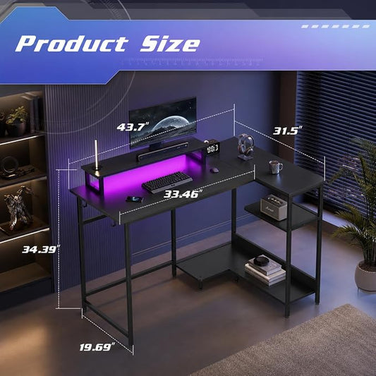 DEVAISE Compact 43" L Shaped Gaming Desk with LED Lights and Power Outlets - Corner Computer Table with Monitor Stand and Storage Shelves for Work and Gaming, Black