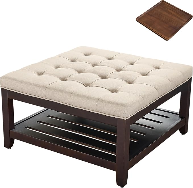 adochr 33'' Large Square Ottoman Coffee Table with Storage, Upholstered Button Tufted Footrest Ottoman with Solid Wooden Tray,Coffee Table for Living Room, Light Brown