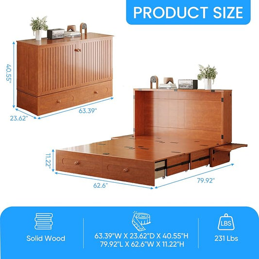 PUREMIND Queen Murphy Bed, Solid Wood Folding Convertible Bed, Hideaway Cabinet Bed with Storage Drawer & USB Charging Station, Space Saving Wallbed for Small Spaces, No Mattress Included, Cherry