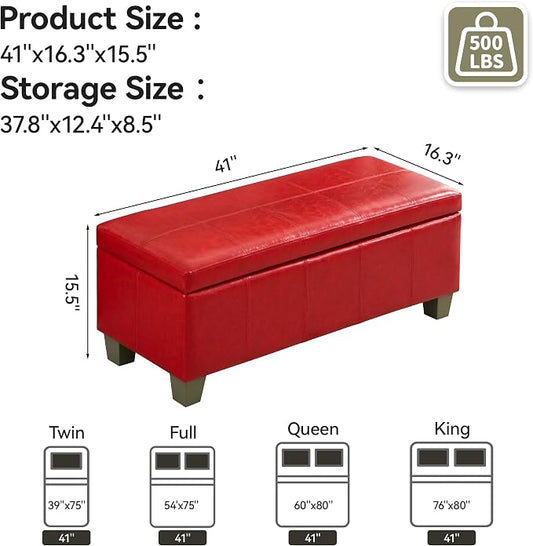 WUTUTUEE 41" Faux Leather Storage Ottoman, Stitch Tufted Rectangle Upholstered End of Bed Storage Bench, Entryway Large Couch Ottoman with Wooden Legs,Red