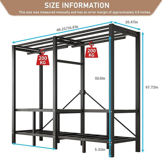 Heavy Duty Clothes Rack with Cover & Magnetic Doors, 1500lb Portable Wardrobe Closet - Foldable Freestanding Garment Rack for Bedroom, Large Storage for Hanginng Dresses Jackets (Grey, 49.2IN)