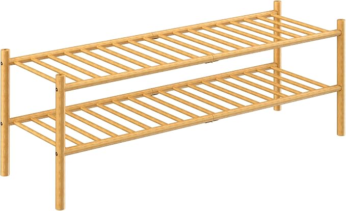 ROMGUAR CRAFT 2-Tier Bamboo Long Shoe Rack, Free Standing Wood Shoe Shelf Storage Organizer for Closet Entryway Stackable 35"x11"x13" (Natural)