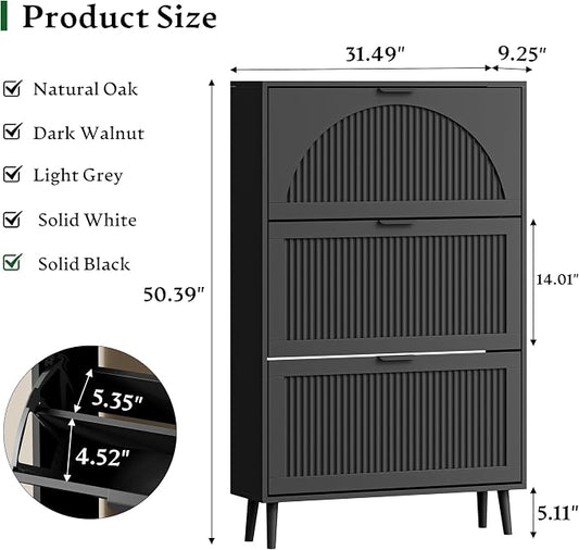 Xixini Shoe Storage Cabinet with 3 Flip Drawers, 50" Tall Narrow Wood Fluted Shoe Organizer for Entryway, Freestanding Wooden Hidden Slim Shoe Rack for Front Door Entrance, Hallway, Foyer, Solid Black