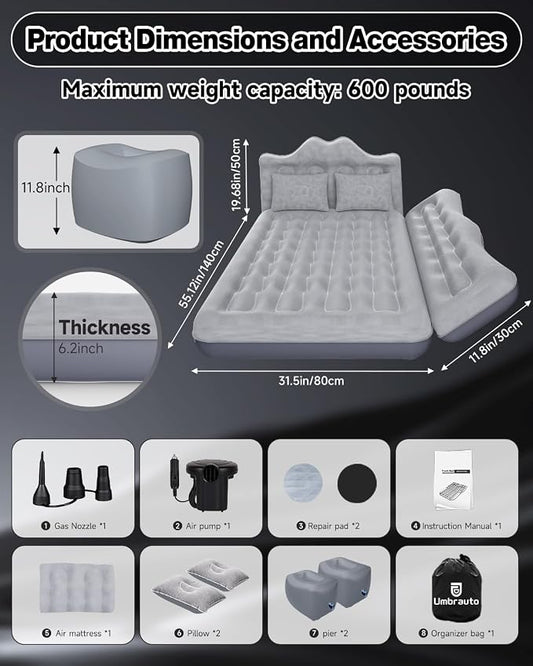 Umbrauto Car Air Mattress Bed: Inflatable SUV Camping Sleeping Pad for Truck Back Seat with Pump & Pillows, Blow Up Backseat Car Mattress for Van Rear Seat