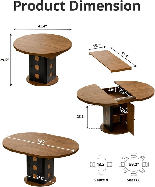 43"-59" Extendable Round Dining Table for 4-8, Oval Kitchen Table with Hidden Storage, Modern Farmhouse Wooden Dining Room Table for Kitchen Living Room, Walnut