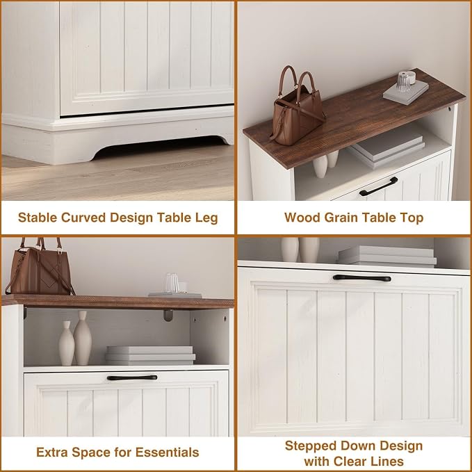 Shoe Storage Cabinet with 2 Flip Drawers, 24" W Farmhouse Modern Hidden Shoes Rack Cabinet with Adjustable Shelves & Open Storage, Narrow Slim Shoe Organizer for Entryway, Hallway, Antique White