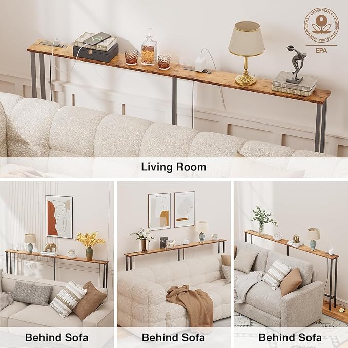 Keelian 102" Narrow Console Sofa Table - 2 Power Outlets & 4 USB Ports, Metal Frame, Rustic Brown, Perfect for Hallway, Office, and Behind Sofa - Easy Assembly, 4.9' Extension Cord Included