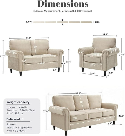 Kingfun Loveseat 2&3 Seater Couch with Chair, Mid Century Modern Chenille Sofa Set with Rolled Arms and Deep Seats, Fluffy Comfort for Living Room, Apartment, Easy Assembly, Khaki