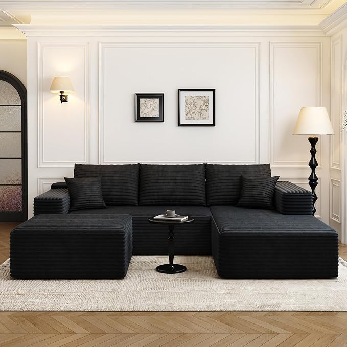 107.5" Cloud Modular Sectional Sofa with 1 Ottoman,Modern Minimalist Upholstered Couches, Comfort U Shaped Sofa for Living Room,Deep Seat Corner Couch,No Assembly Required (Black,Right Facing Chaise)
