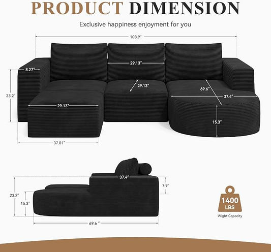 Boneless Couches for Living Room with Chaise,104" Modular Sectional Sofa with Convertible Ottoman,Cozy Cloud Couch with U-Shaped,Sponge Compression Sofas in a Box,No Assembly Required(Black) 1pcs