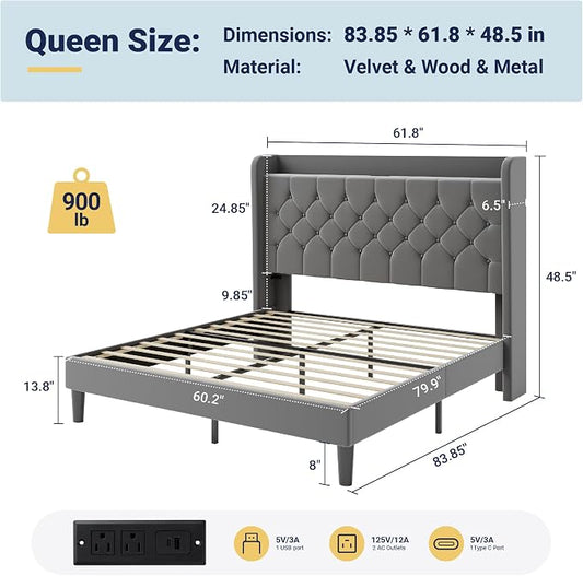 Allewie Queen Size Bed Frame, Storage Headboard with Charging Station, Wingback Velvet Upholstered, Diamond Stitched Button Tufted, Sturdy Wooden Slats, No Box Spring Needed, Easy Assembly, Grey