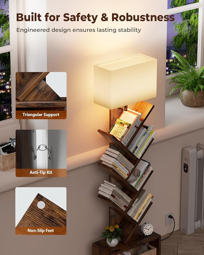 Evermagin 6 Tier Tree Bookshelf with Light, Narrow Bookcase Tower, Tall Floor Standing Book Organizer with Storage Cabinet for Living Room, Bedroom and Home Office, Rustic Brown
