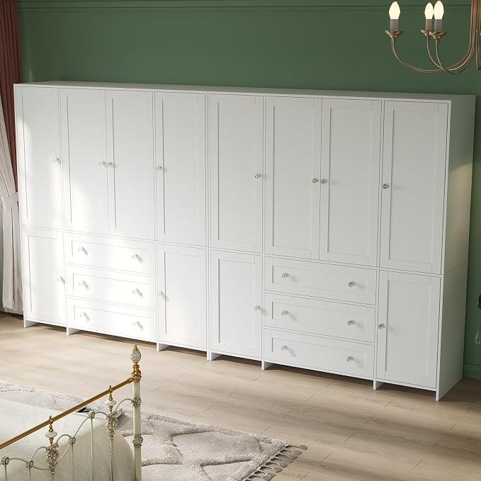 VOWNER Armoire Wardrobe Closet with Drawers and Mirror, 71" Clothing Storage Cabinet with Hanging Rod, 6 Doors Wooden Wardrobe Cabinet for Bedroom, Large Capacity Storage