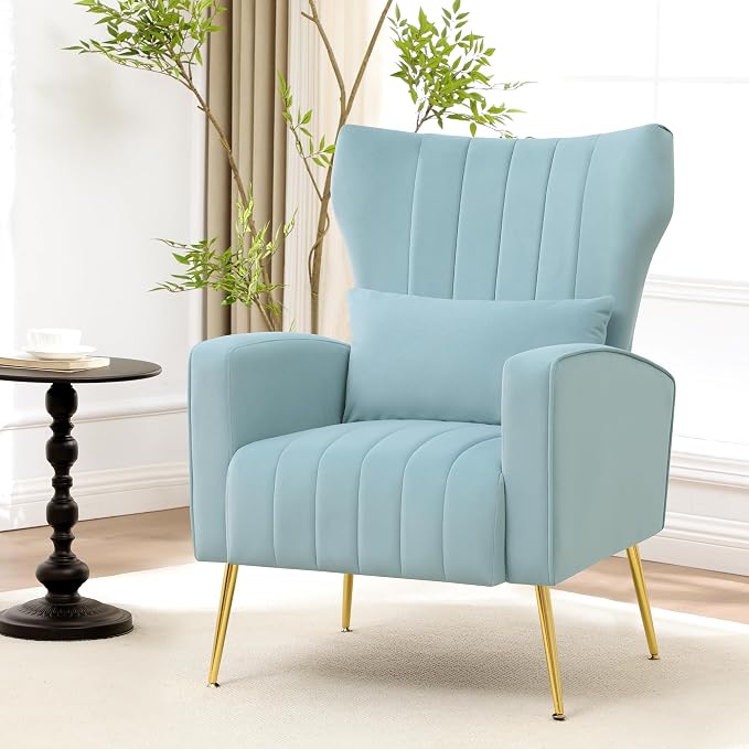 Modern Accent Chair Upholstered Living Room Chair,High Back Arm Chair with Metal Legs Lumbar Reading Chair for Bedroom, Apartment, Small Spaces Sky Blue